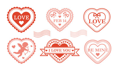 Set of red and pink heart shape seal stamps. Valentine's Day. Isolated on white background. Vector illustration.