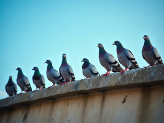 Gathered pigeons on a concrete ledge, facing off-frame, varying shades of grey and white with dark wingtips, beaks visible, outdoor daylight setting - AI-Generated