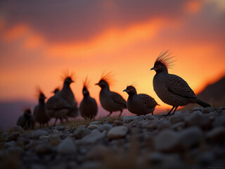 Sunset over a rocky terrain with flying red-crested birds contrasting the landscape Warm, shadowed foreground contrasts cooler bird tones Transitioning sky from gold to blue hints at - AI-Generated
