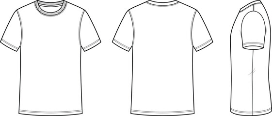Front back and side t shirt technical line drawing, blank short sleeve apparel template, fashion flat sketch vector illustration isolated on whiteFront back and side t shirt technical line drawing, bl © Sophia Creatives