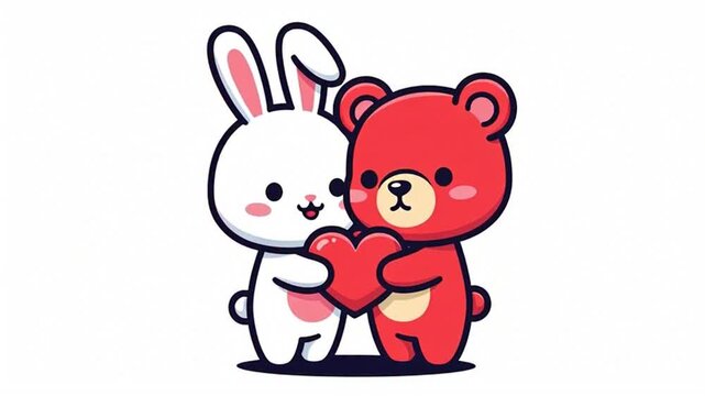 Cute cartoon rabbit and bear hugging heart