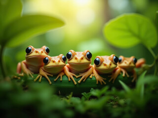 Group of six red-eyed tree frogs on green leaves in outdoor setting, sunlight filtering through foliage, vibrant colors, semi-circle arrangement, unique postures, blurred natural backgr - AI-Generated