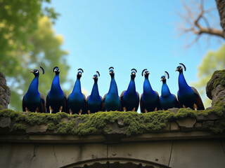 Nine peafowls perched on an aged stone archway, exhibiting vibrant blue, green, black, and white feathers Bright lighting casting soft shadows No contextual details provided - AI-Generated