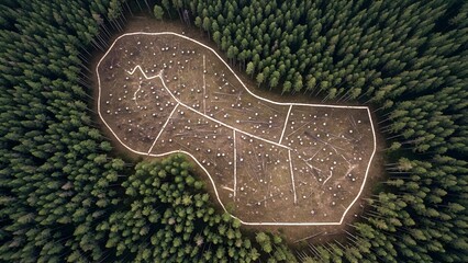 Aerial view of forest showing illegal logging damage, deforestation scars, and environmental destruction, highlighting climate change, conservation issues, and human impact on nature.