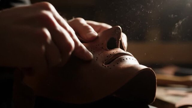 Crafting Leather Mask with Hand Tools in Workshop Low Key Lighting Close Up Artisan Shaping Handmade Leather Brown