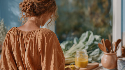 Rear view of a woman at a desk with plants on the windowsill a calm domestic early morning scene.