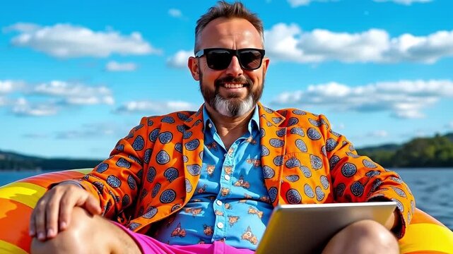 A man sitting on an inflatable raft with a laptop computer