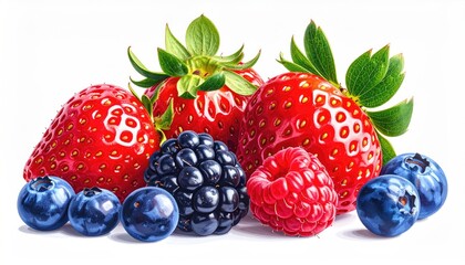 Close-up of mixed berries against a stark white backdrop