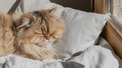 Cat lies on a pillow by the window sleeping a calm home pet portrait.