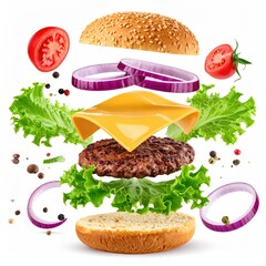 Exploded view of a burger with ingredients suspended in air