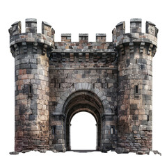 Fototapeta premium Old stone castle gate with towers and archway in a historical setting on transparent background