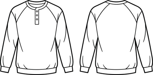 Men long sleeve henley shirt technical flat front and back view raglan sleeves apparel fashion vector illustration