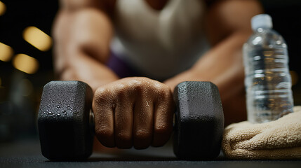 Athlete holds a dumbbell on a bench in a gym a dark contrast shot of strength training.