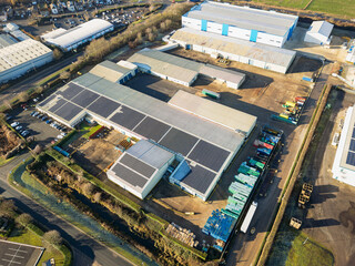 Interesting UAV view of modern industrial buildings seen on the outskirts of the town of Chatteris, Cambridgeshire, UK. The industrial zone is a large employer to the market town. © Nick Beer