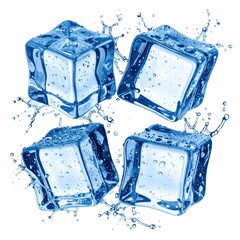 Four ice cubes with water splashes against a white background