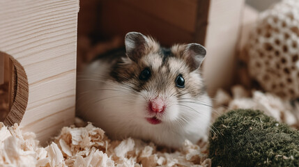 A small hamster peeks from bedding a cozy pet scene.