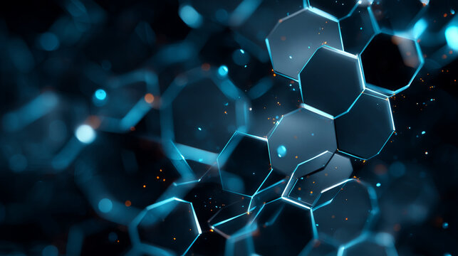 Digital abstract background with glowing blue hexagonal shapes and light