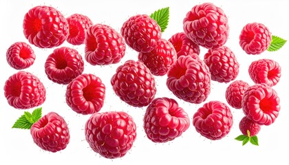 Vivid, isolated red berries with green leaves on a pure white background