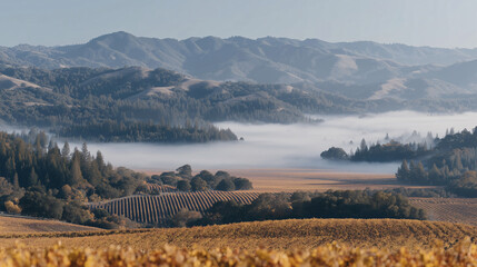 Morning mist shrouds the valley with hills and haze, a tranquil natural landscape.