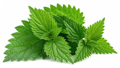 Lush green leaves, detailed texture, against a white background