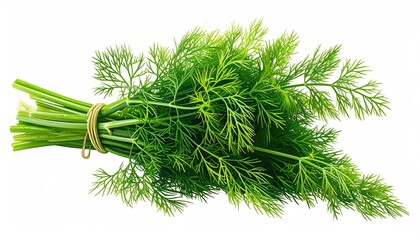 Lush green dill sprigs tied together with twine, isolated on white