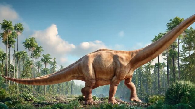 Giant Brachiosaurus in Jurassic Forest: A colossal brachiosaurus, a titan of the prehistoric era, strides majestically through a lush, verdant forest.