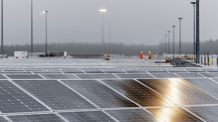 Solar panel array with sunlight reflecting off the modules.
