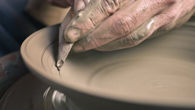 A craftsperson's hands skillfully shape clay on a pottery wheel, showcasing the art of pottery. The focused action highlights creativity and craftsmanship, emphasizing the intricate process.
