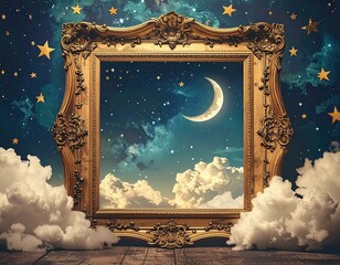Ornate gold frame reveals a dreamy night sky with crescent moon and stars