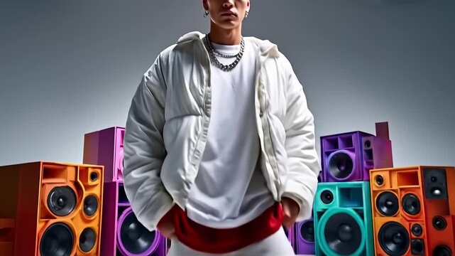 A man standing in front of a group of colorful speakers