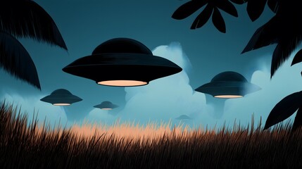 Surreal illustration of UFOs hovering over a grassy field at dusk.