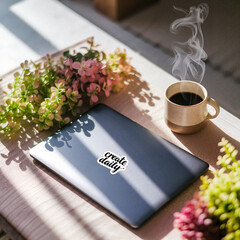Laptop with "create daily" sticker beside steaming coffee and plants  