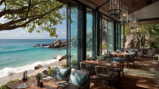Luxurious Beachfront Dining Experience: Elegant Table Setting with Ocean View and Tropical Landscape for Relaxation and Fine Dining.