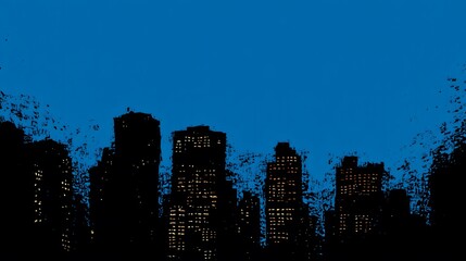 Silhouette of a city skyline with illuminated windows against a blue sky. Sloppy painting.