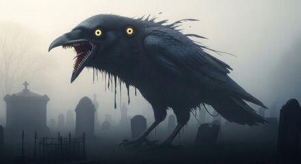 Obraz premium A monstrous raven creature roars in a foggy, eerie graveyard.