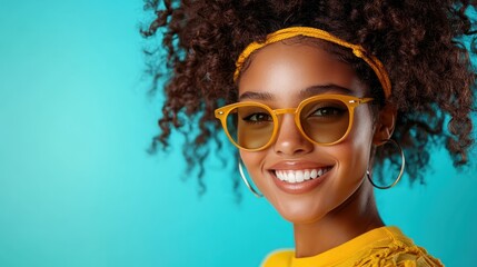A cheerful young woman with curly hair and stylish sunglasses beams at the camera against a bright turquoise backdrop, exuding confidence, joy, and youthful energy.