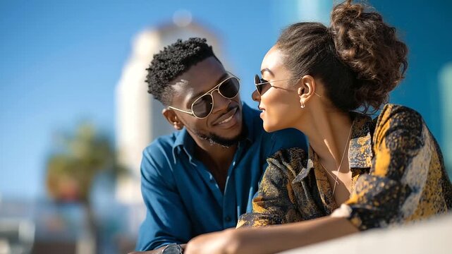 Black couple sitting on wall outdoors together, city relaxation moment, street style fashion, summer love and bonding, clear blue sky, urban relationship, with copy space
