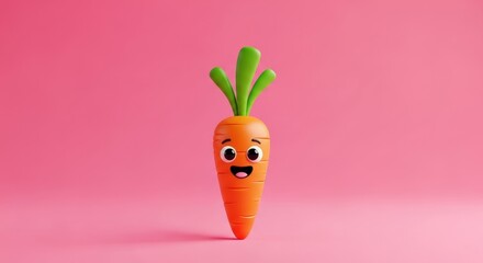 Cute cartoon carrot with a happy face on pink background