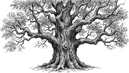 Ancient oak tree engraving illustration with twisted trunk and branches, detailed vintage botanical line art, hand drawn black white vector © Sophia Creatives