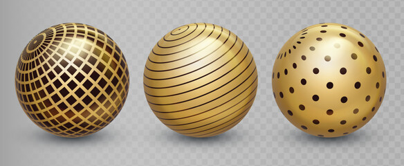 Abstract golden ball set with glossy metallic texture and decorative pattern. Gold sphere collection, 3d circle shapes, holiday decorative design elements. Vector illustration
