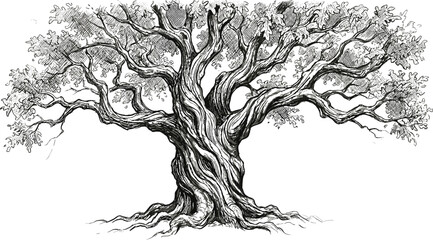 Ancient oak tree illustration with twisted trunk and sprawling branches, detailed vintage engraving style botanical artwork, hand drawn black and white vector © Sophia Creatives