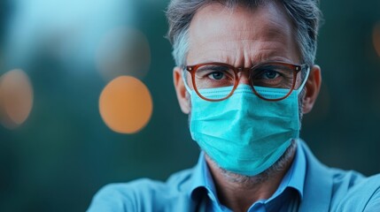 A focused man with glasses and a protective mask, exuding determination and seriousness, reflecting the emotions and challenges of contemporary life amidst health concerns.