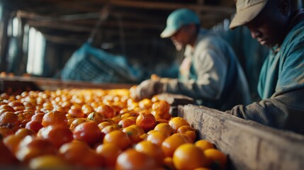 Medium shot capturing manual orange sorting in a rustic facility highlighting workers selecting and organizing fruit by size with precision.