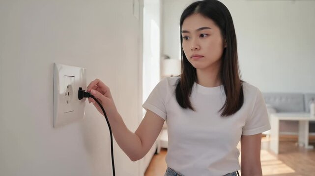 Woman unplugging electrical cord from wall outlet, demonstrating power disconnection, energy saving, or electrical troubleshooting at home.