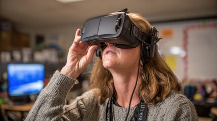 Educator finetuning virtual reality gear for an engaging learning session adjusting settings to enhance interactive educational content delivery.