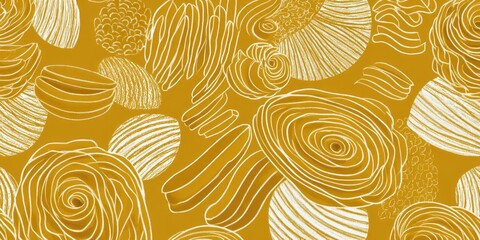 Abstract pattern of various pasta shapes on a mustard yellow background