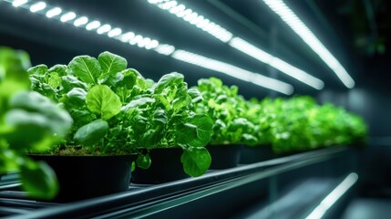 A vibrant indoor hydroponic garden features rows of fresh green lettuce, representing sustainable agriculture and modern farming techniques in a controlled environment.