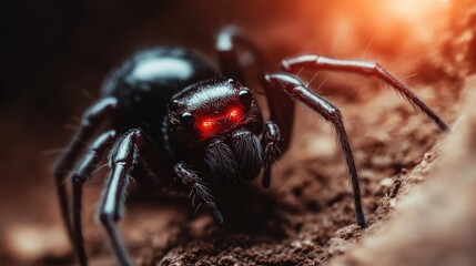 Fototapeta premium A close-up of a black spider with striking red eyes, showcasing its intricate details against a natural earthy background that evokes a sense of intrigue and fear.
