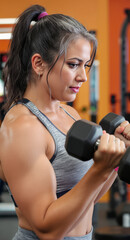Fototapeta premium Woman lifting dumbbells in gym performing strength training exercise with focus