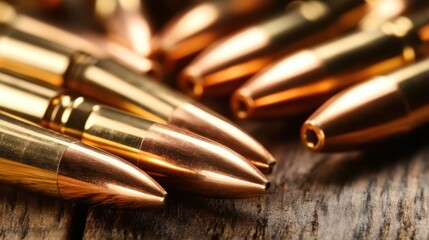 Obraz premium A close-up of a collection of shiny metallic bullets arranged on a wooden surface, representing industrial design and the design of ammunition within a raw environment.